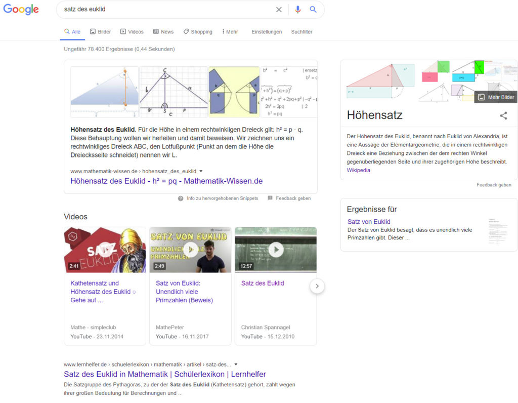 Google Suche nach Satz des Euklid