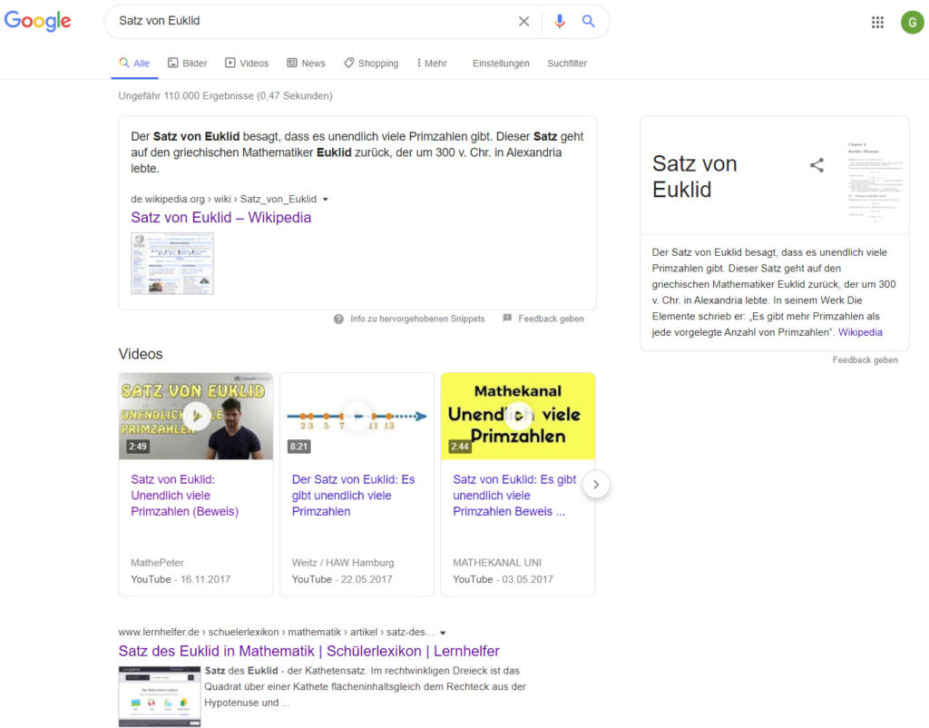 Google Suche nach Satz von Euklid